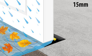 Illustration of a 15mm garage door threshold seal stopping water and leaves