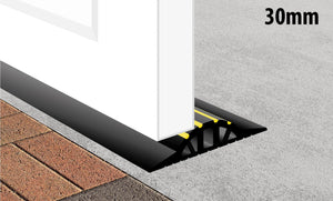 Drawing showing a 30mm trade coil seal stopping water and leaves from entering a garage