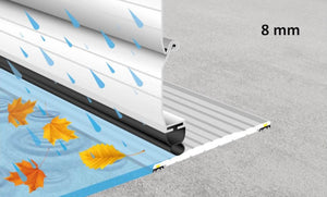 Illustration showing how the industrial strength aluminium threshold seal holds back rain and leaves
