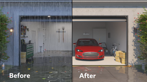 CGI before and after image showing a garage with and without an installed garage door water barrier