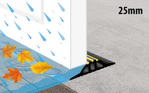 An illustration showing a 25mm garage door threshold seal stopping water and debris from entering