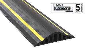 Garadam 50mm Garage door flood barrier with images of GaraDry adhesive and 5 year warranty