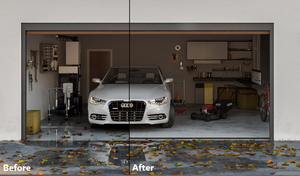 Before and after CGI photo which shows a garage with an without a 30mm trade coil seal fitted