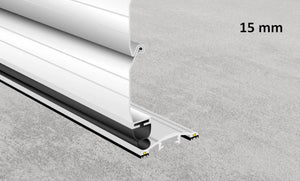 Drawing of the 15mm commercial door threshold seal fitted under a roller shutter door