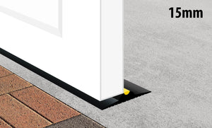 Drawing of a 15mm garage door threshold seal pushed against the back of a garage door