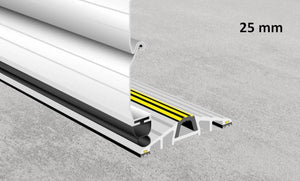 Illustration showing a roller shutter door seal pressed up against a 25mm commercial door threshold