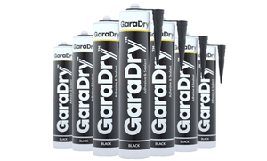 7 tubes of GaraDry adhesive on a white background