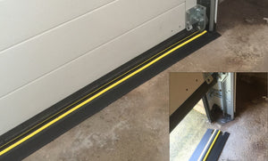 Two images which show you how to cut a 20mm garage door floor seal to fit the edge of the garage door