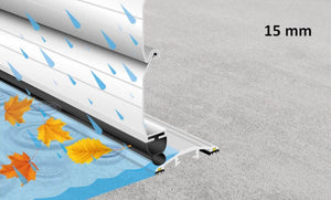 Illustration showing the 15mm commercial door threshold seal blocking water and leaves