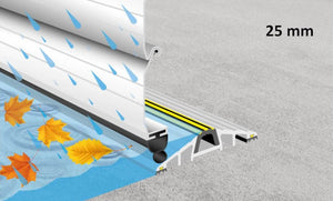 An illustration showing the 25mm commercial door threshold seal applied to a roller shutter door