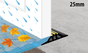 Drawing of 25mm garage door threshold seal stopping leaves and water from a garage